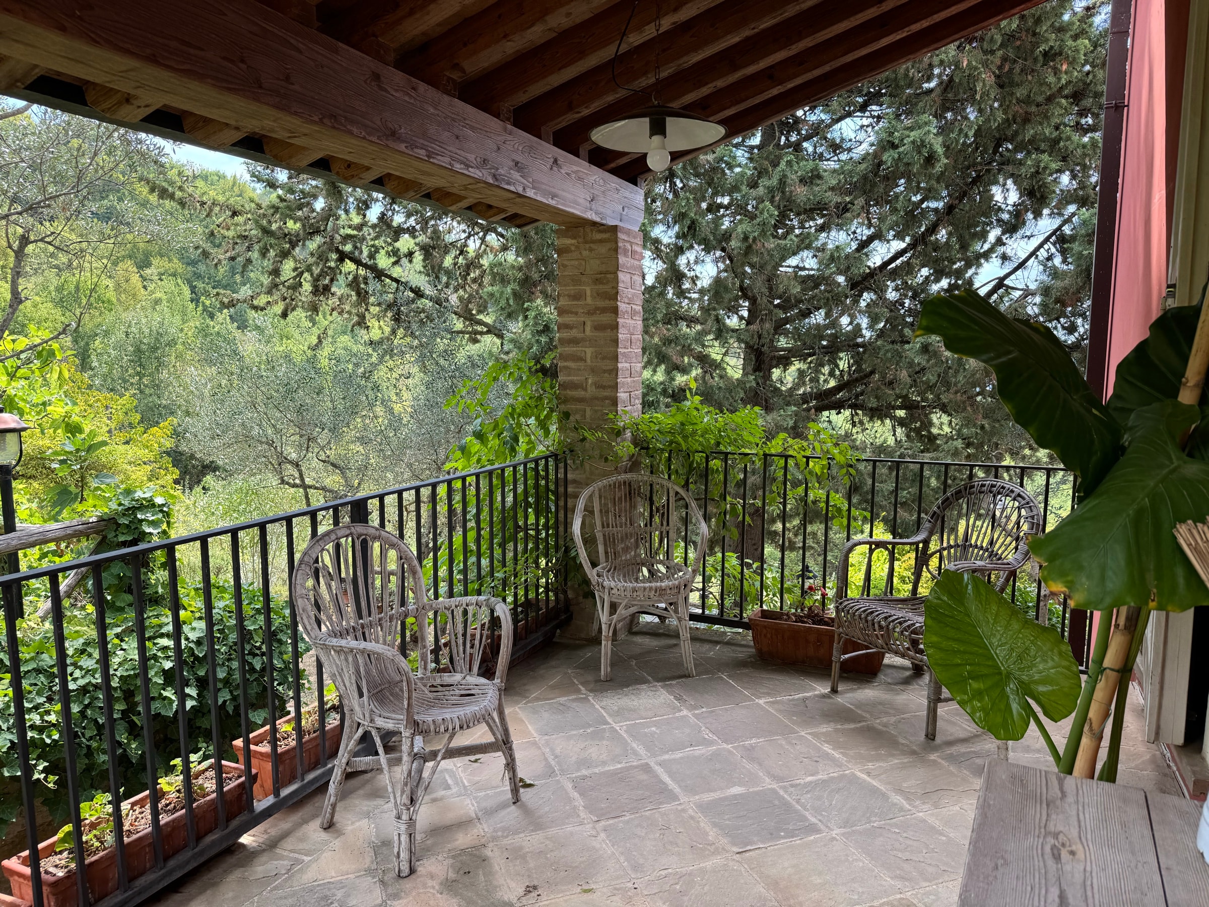 Il terrazzo coperto, con la ringhiera e le piante affacciate sugli alberi